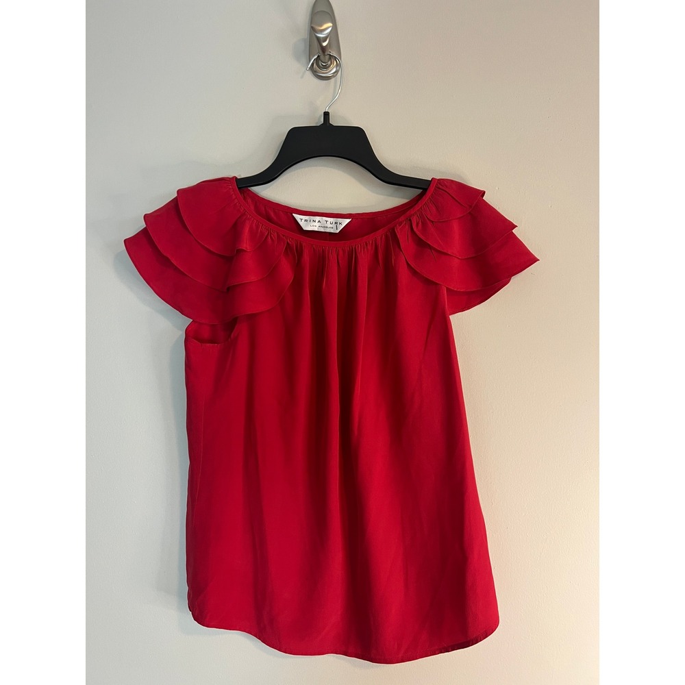 Trina Turk Red 100% Silk Ruffle Sleeve Blouse Top Size 1 2108404